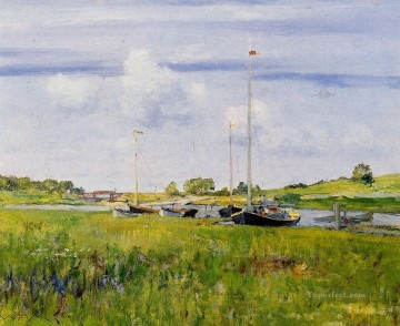 地味なシーン Painting - ボート・ランディングでの印象派の風景 ウィリアム・メリット・チェイス
